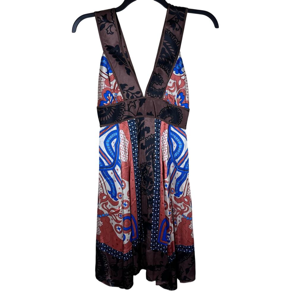 Single‎ Dress Silk Brown Graphic Print Empire Deep V Neck Dress Women's Small